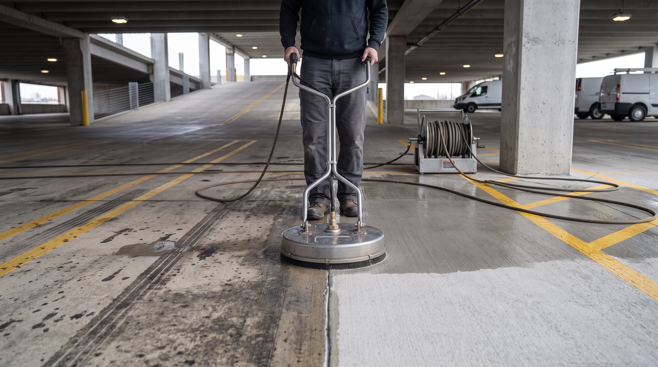 Commercial concrete floor being cleaned in a supplied before-and-after pressure washing photo