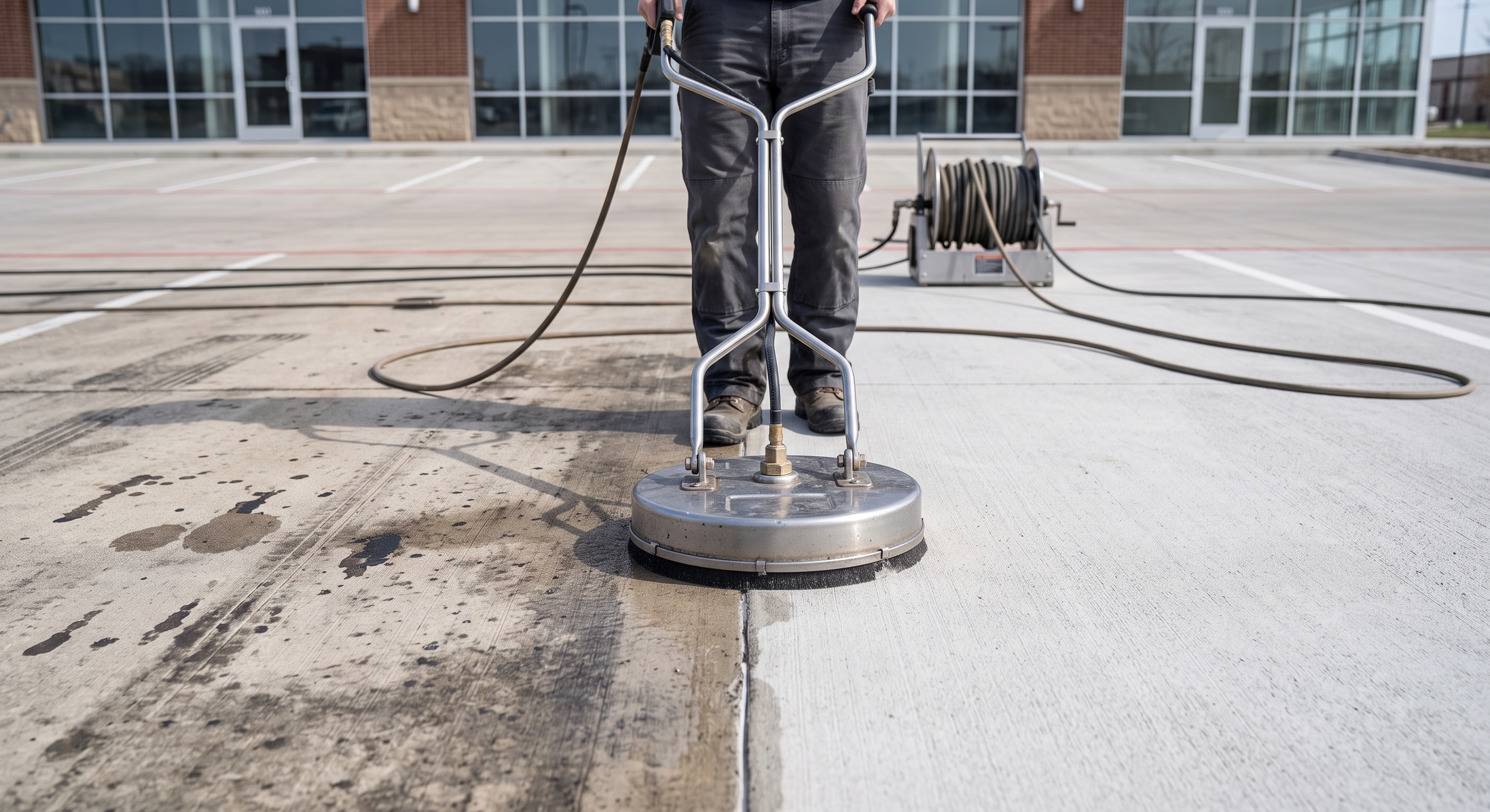 Commercial concrete surface being cleaned in a supplied before-and-after pressure washing photo